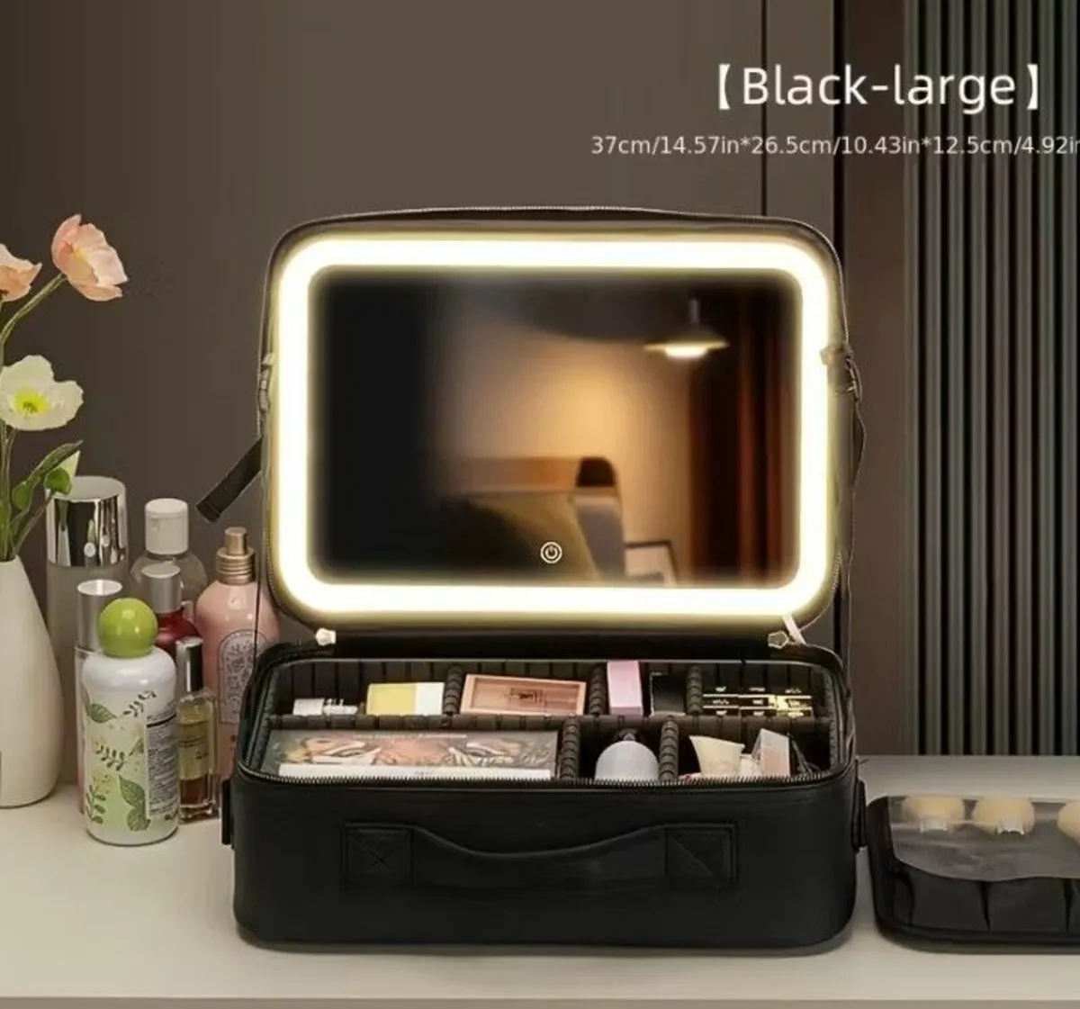 Large Makeup Travel Bag with LED Mirror – Black o - Image 1