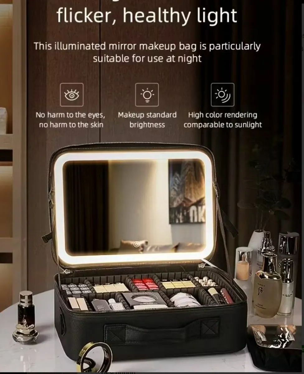 Large Makeup Travel Bag with LED Mirror – Black o - Image 3