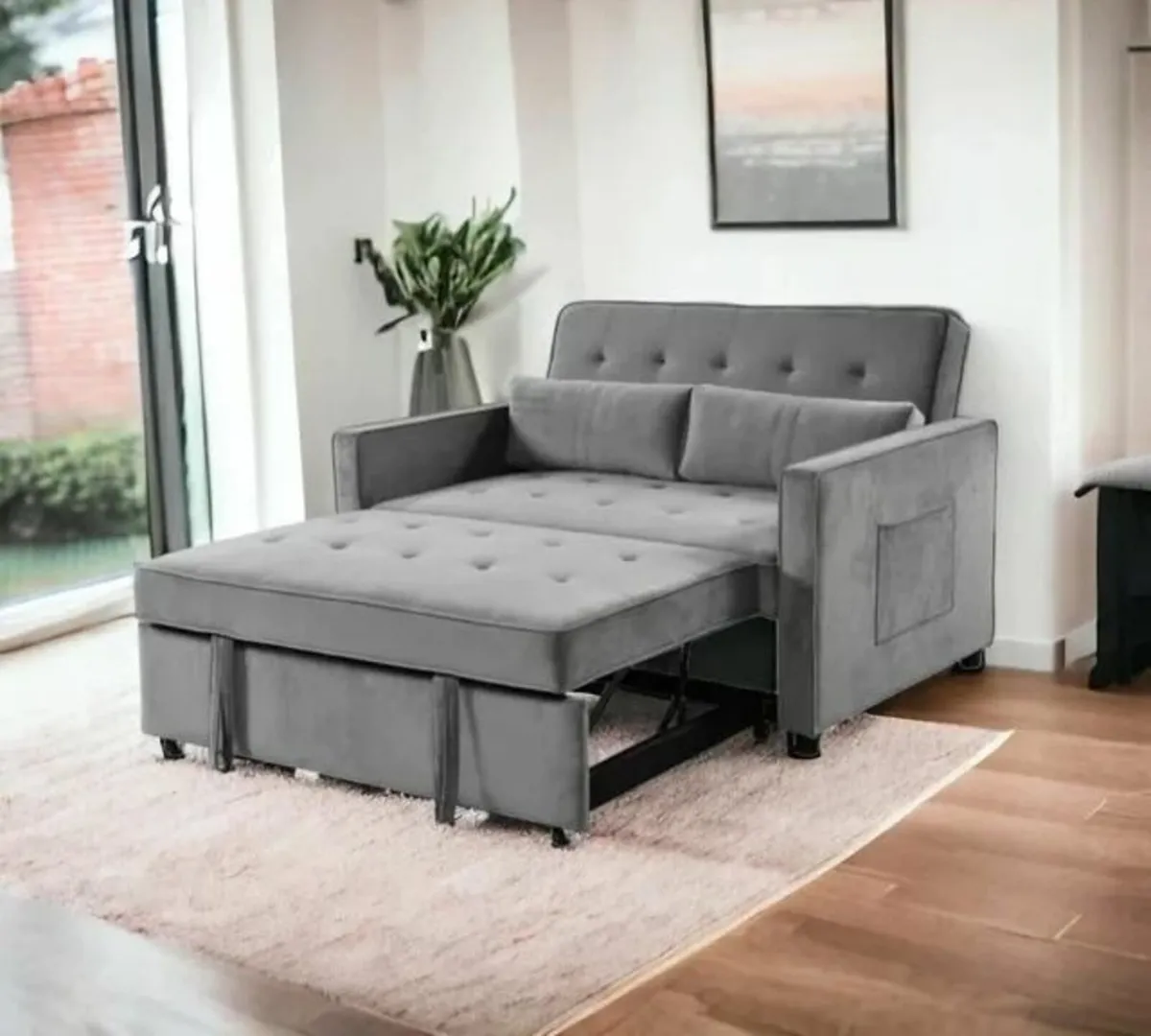 2 Seater Pull-Out Sofa Bed - 132 cm - Grey Velvet - Image 2