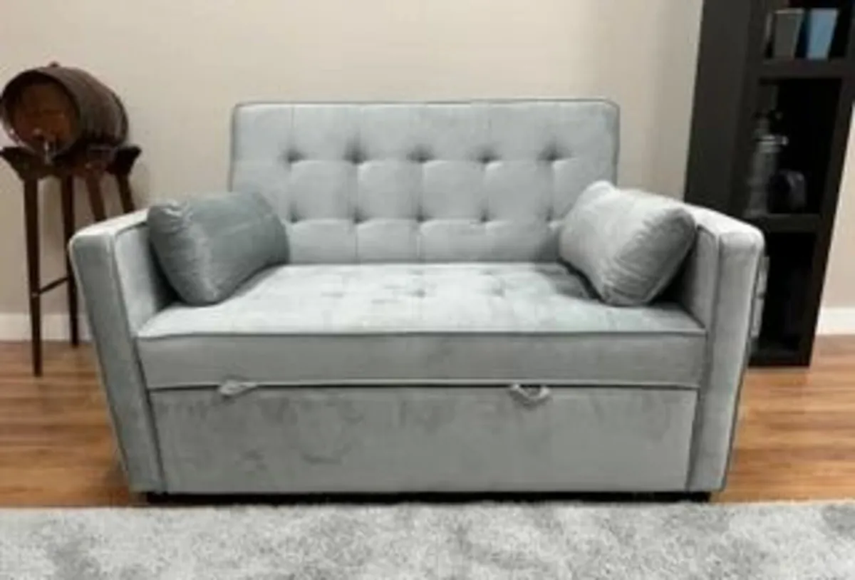 2 Seater Pull-Out Sofa Bed - 132 cm - Grey Velvet - Image 2