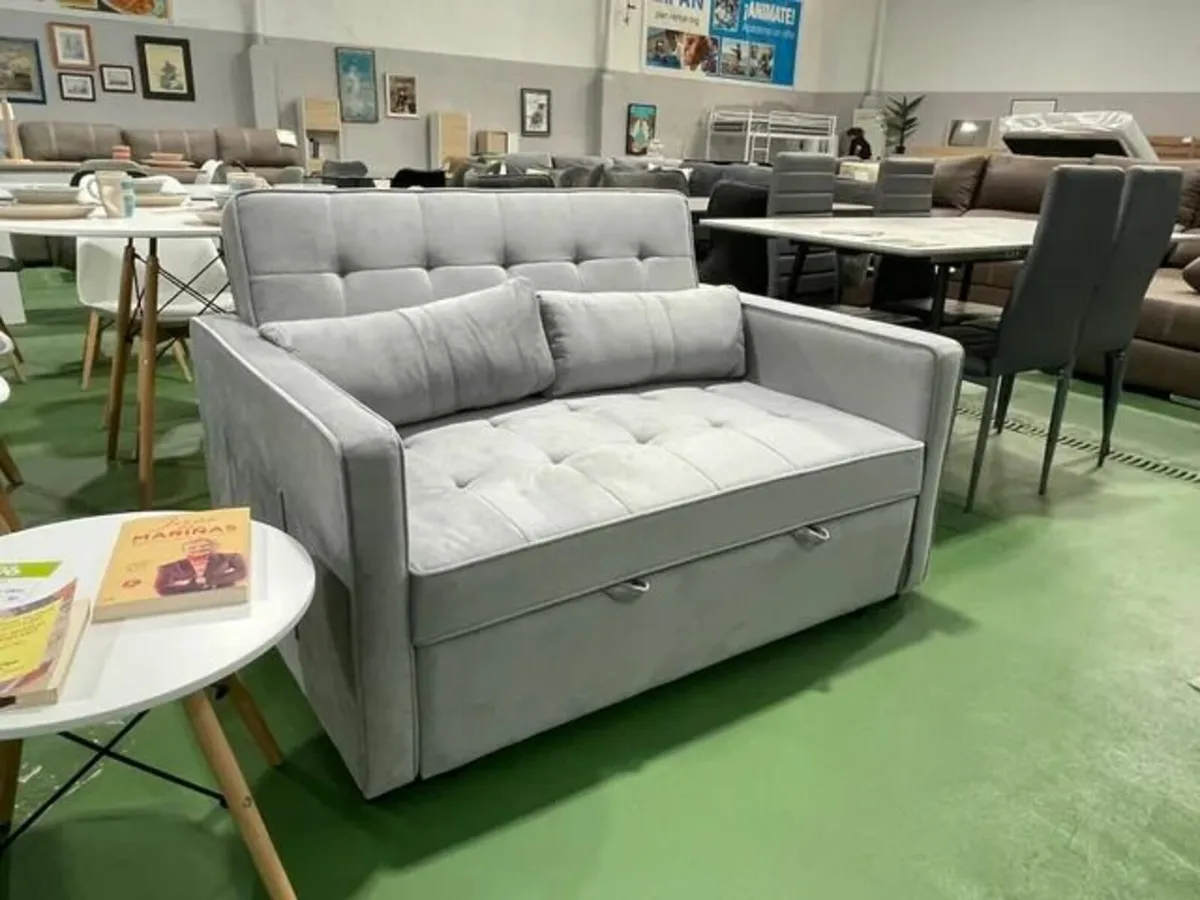 2 Seater Pull-Out Sofa Bed - 132 cm - Grey Velvet - Image 1