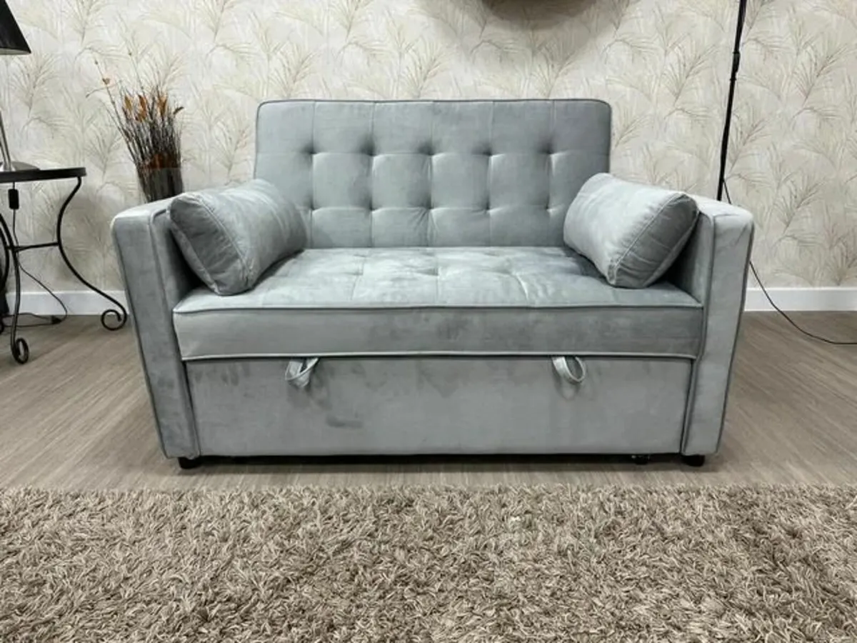 2 Seater Pull-Out Sofa Bed - 132 cm - Grey Velvet - Image 2