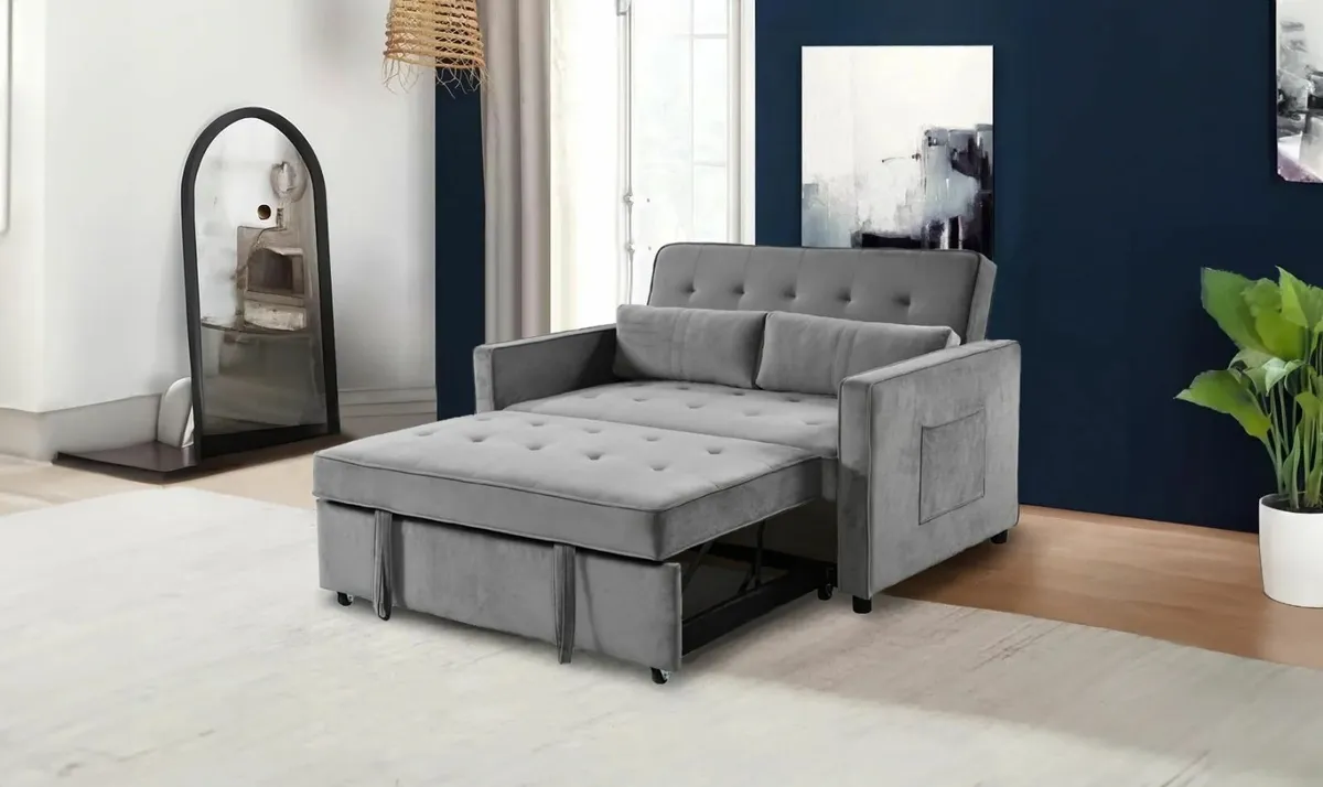 2 Seater Pull-Out Sofa Bed - 132 cm - Grey Velvet - Image 3