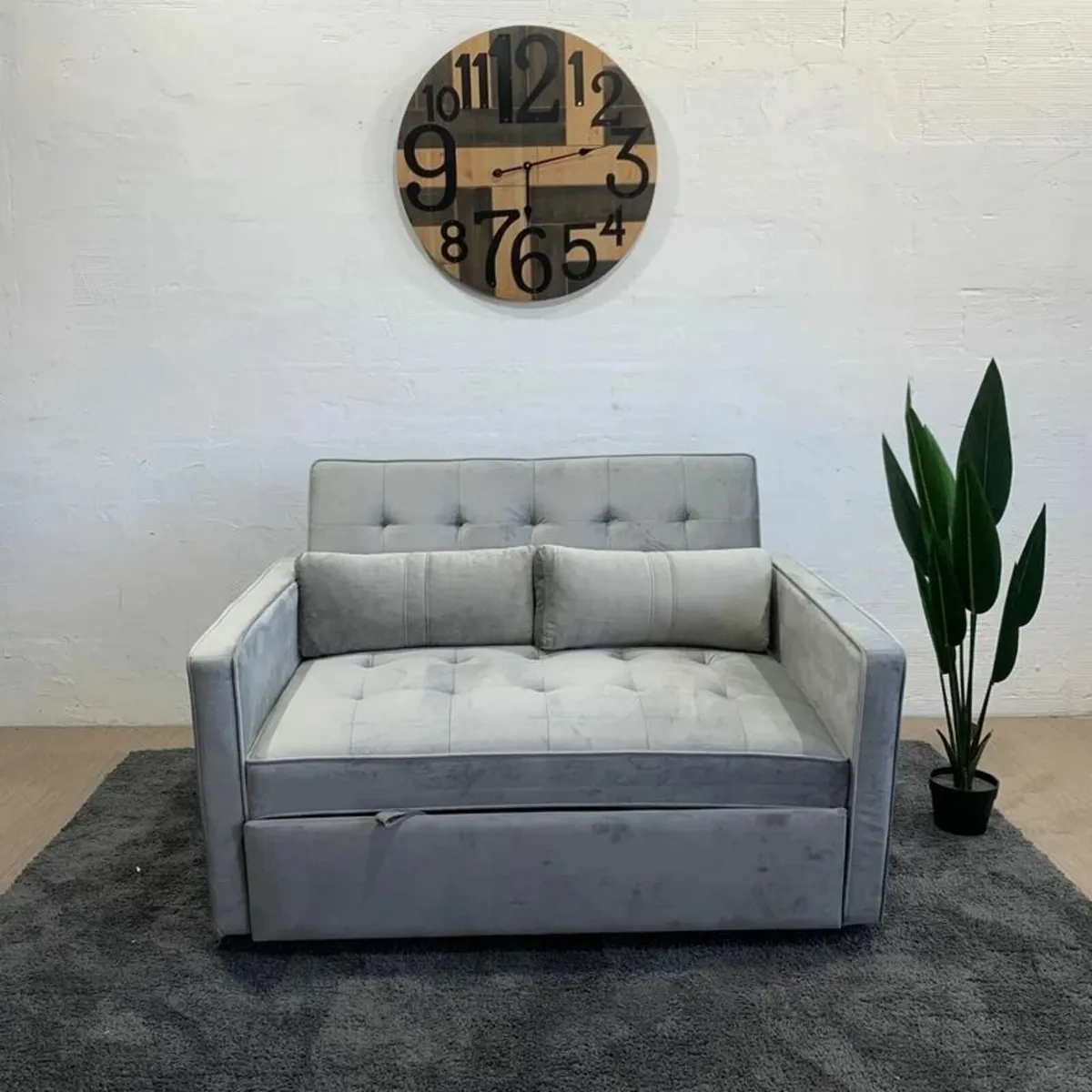 2 Seater Pull-Out Sofa Bed - 132 cm - Grey Velvet - Image 1