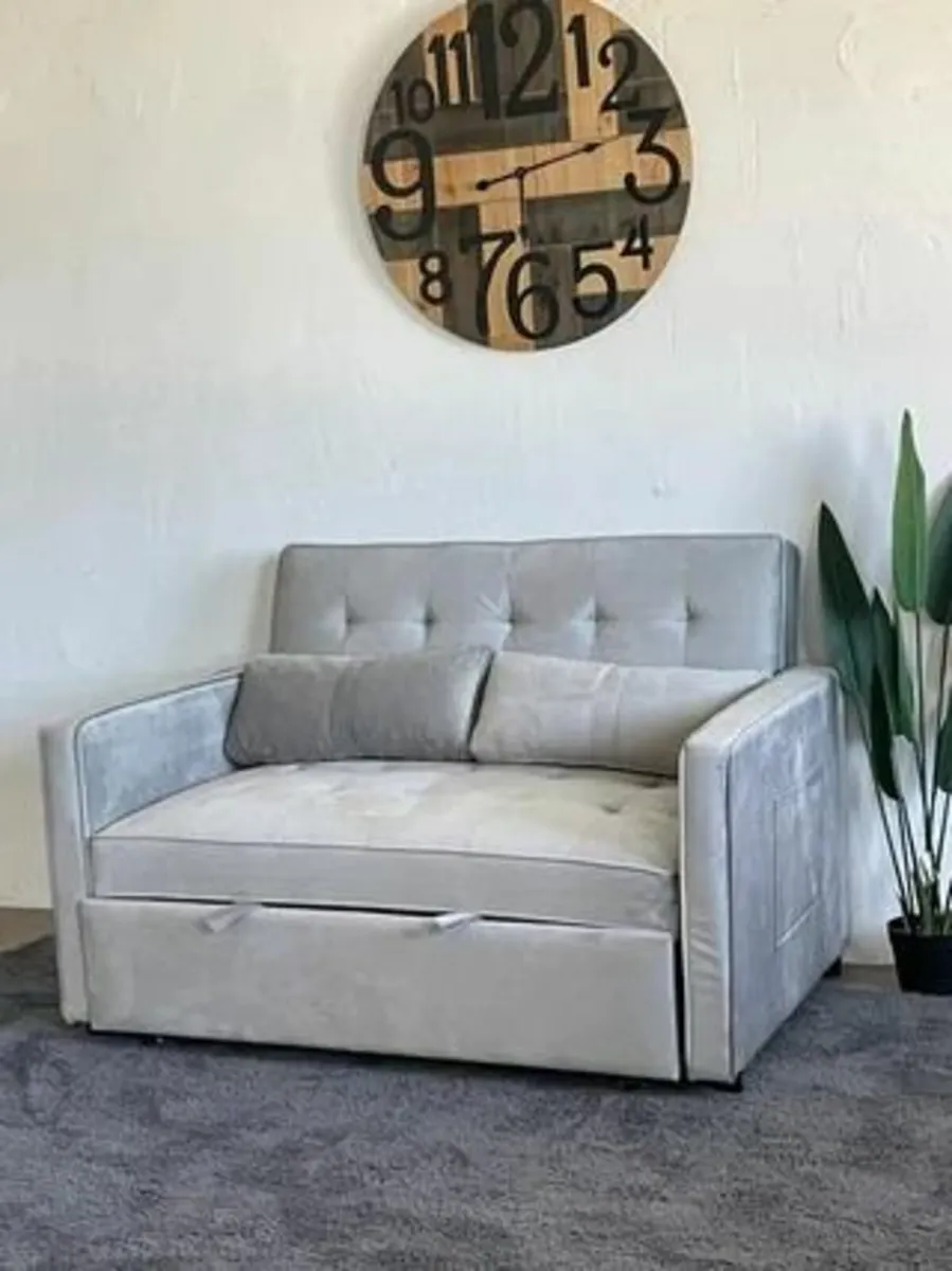 2 Seater Pull-Out Sofa Bed - 132 cm - Grey Velvet - Image 2