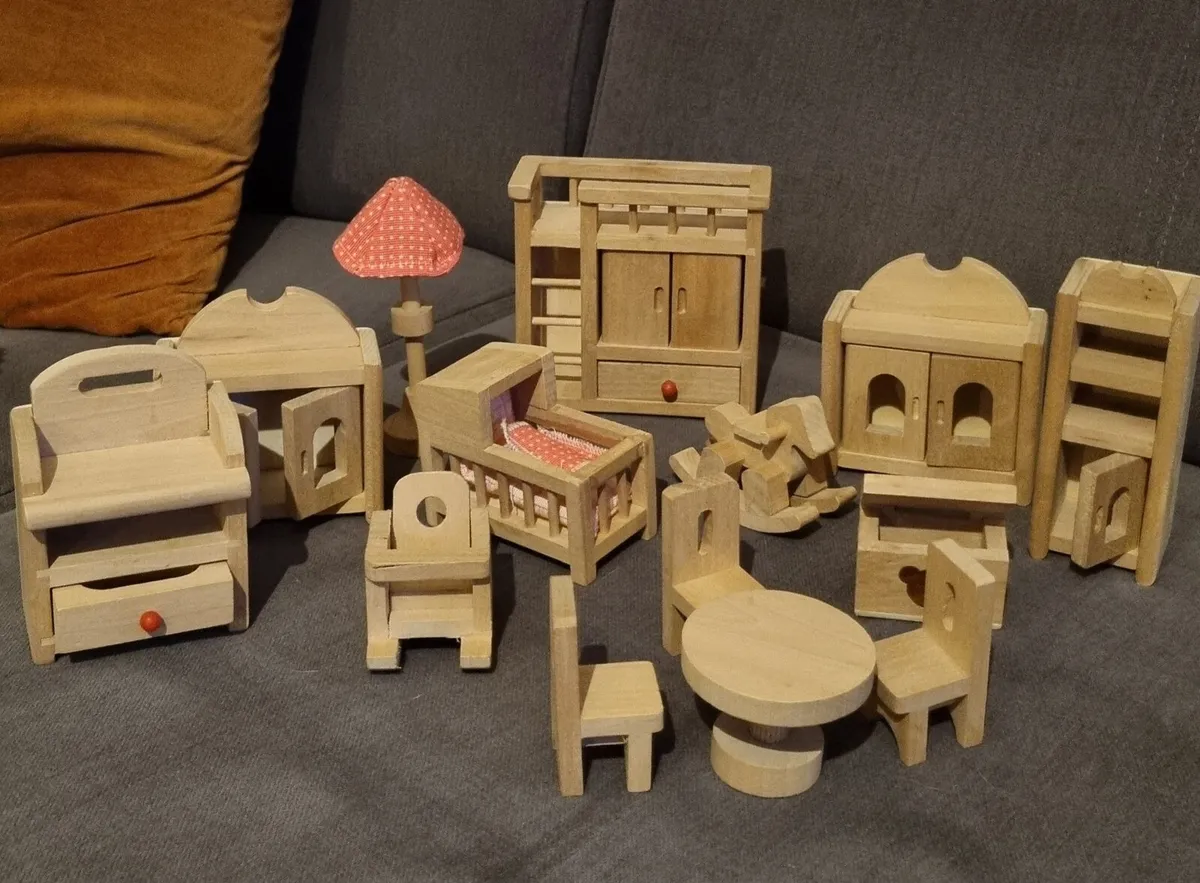 Large set of mini wooden dolls house furniture
