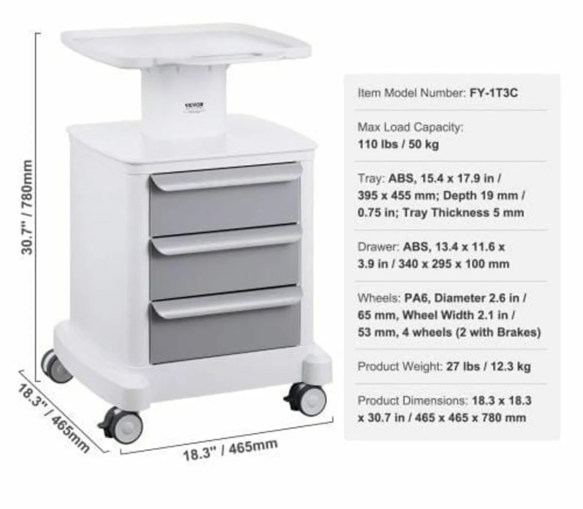 4 Tiers Lab Carts, Lab Utility Cart with 3 Drawers - Image 2