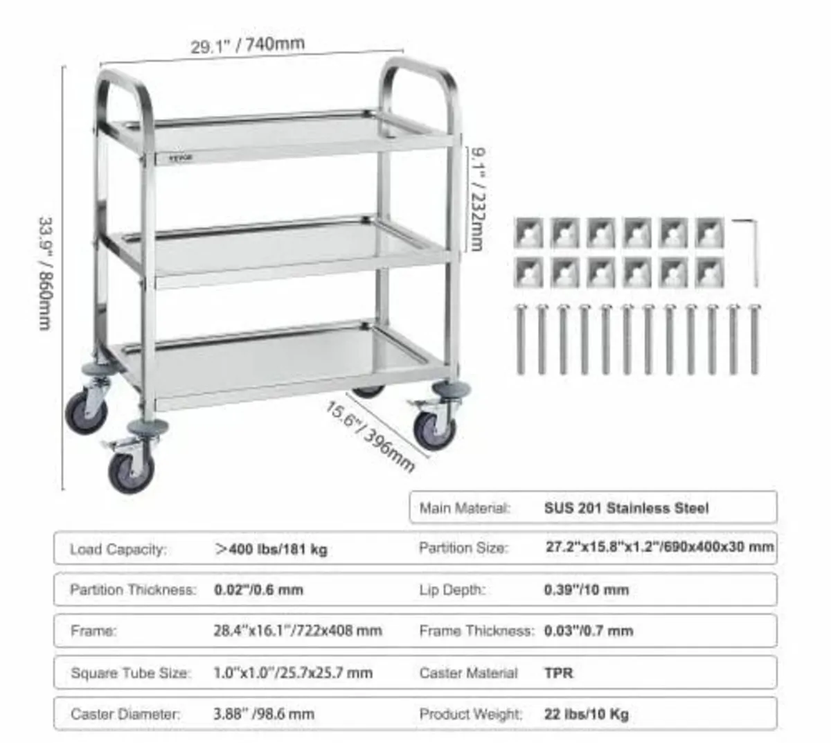 Stainless Steel Cart, 3 Layers Lab Utility Cart 18 - Image 2