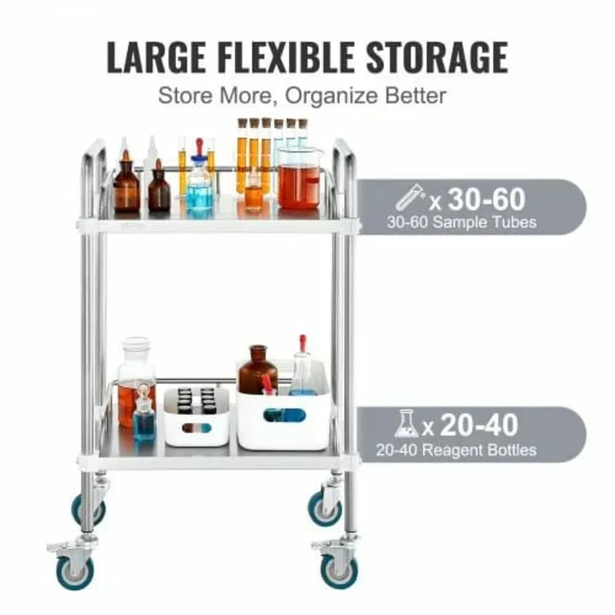 Lab Rolling Cart, 2-Shelf Stainless Steel Rolling - Image 2
