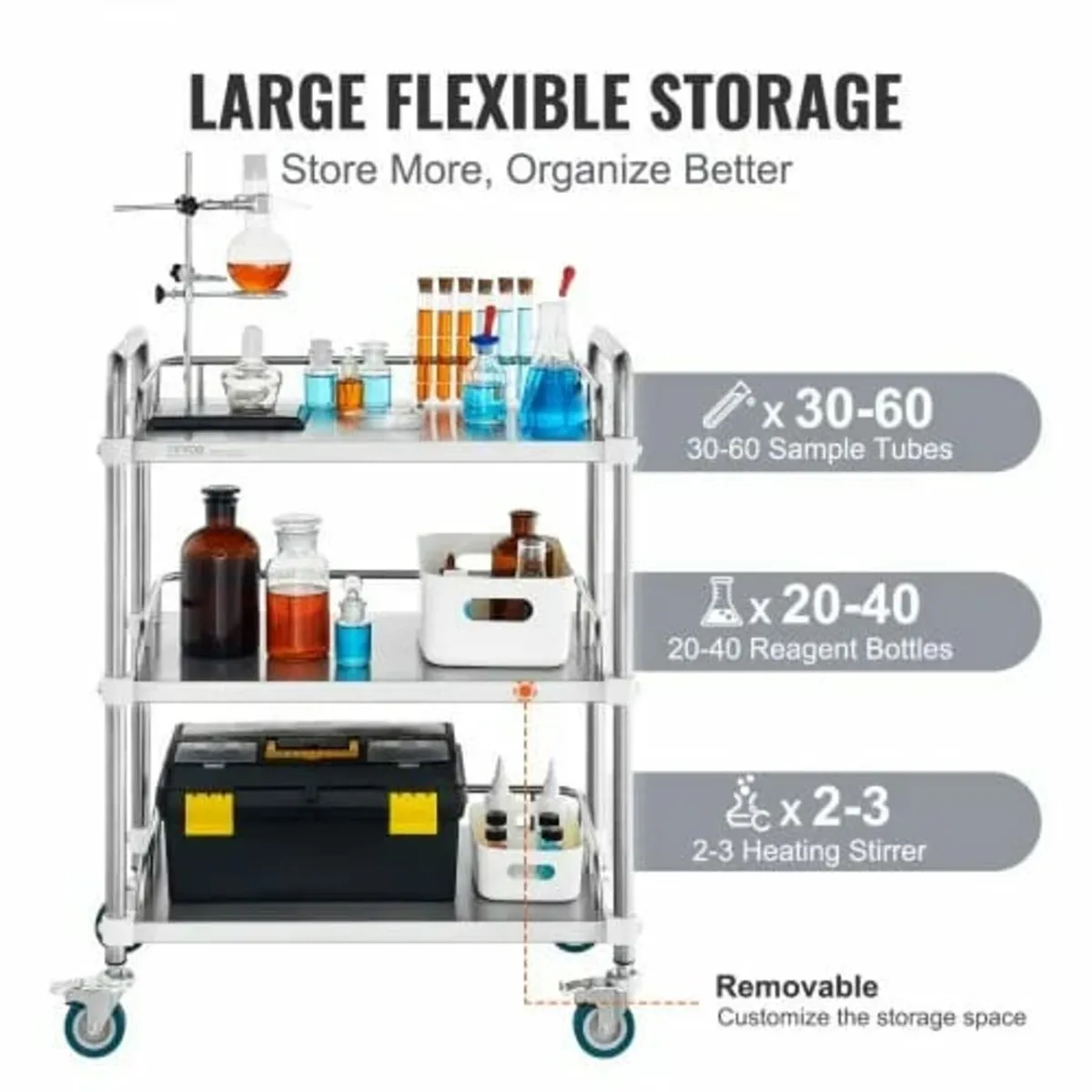 Lab Rolling Cart, 3-Shelf Stainless Steel Rolling - Image 4