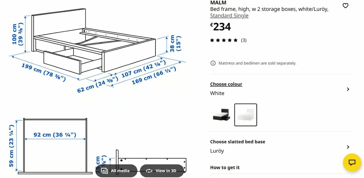IKEA MALM Single Bed – White – with 2 Drawers - Image 2