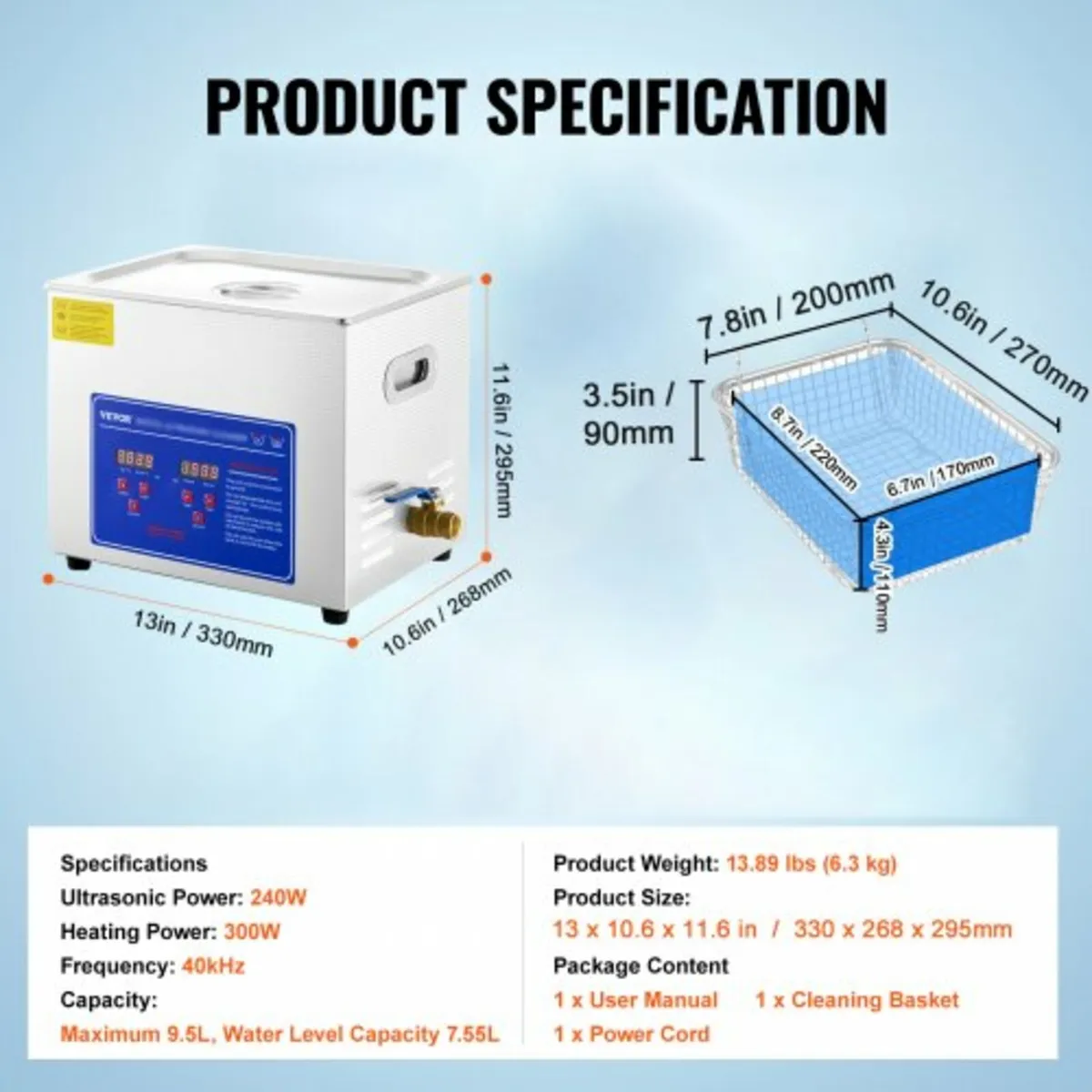 Professional Ultrasonic Cleaner, 9.5 L Ultrasonic - Image 3