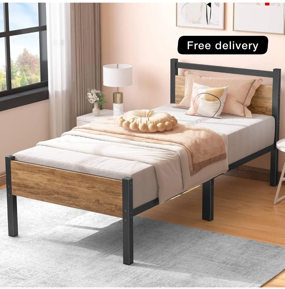 Single Bed Frames with Wood Headboard 31.5cm - Image 1