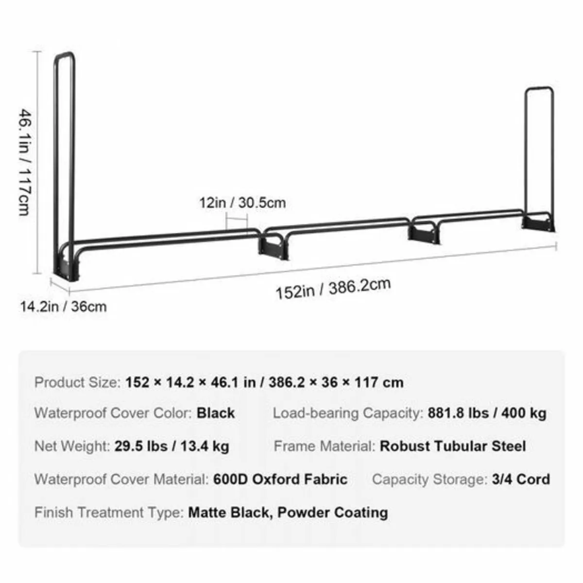 12.7FT Outdoor Firewood Rack with Cover, 152x14.2x - Image 4
