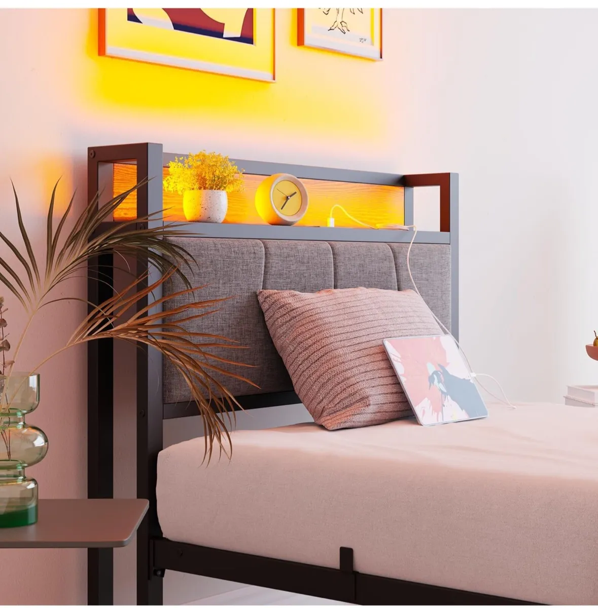 3ft Single Bed Frame with Storage Headboard,LED Li - Image 3