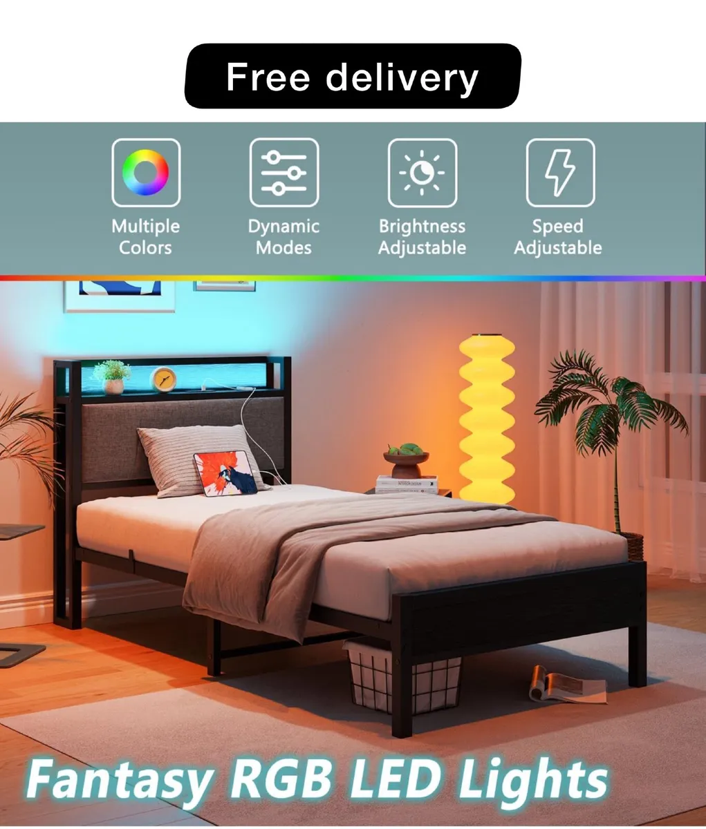 3ft Single Bed Frame with Storage Headboard,LED Li - Image 1