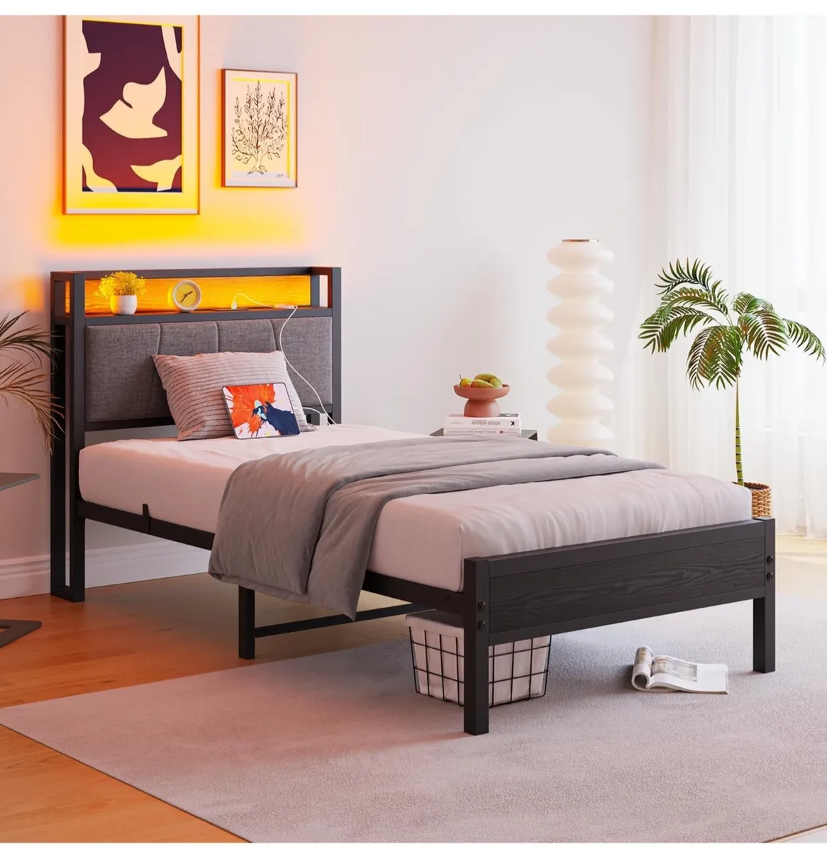 3ft Single Bed Frame with Storage Headboard,LED Li - Image 2
