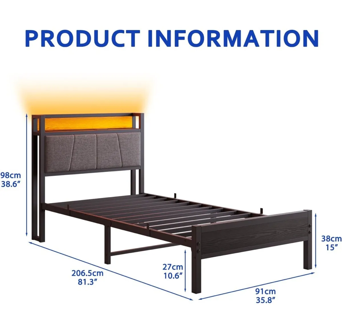 3ft Single Bed Frame with Storage Headboard,LED Li - Image 3