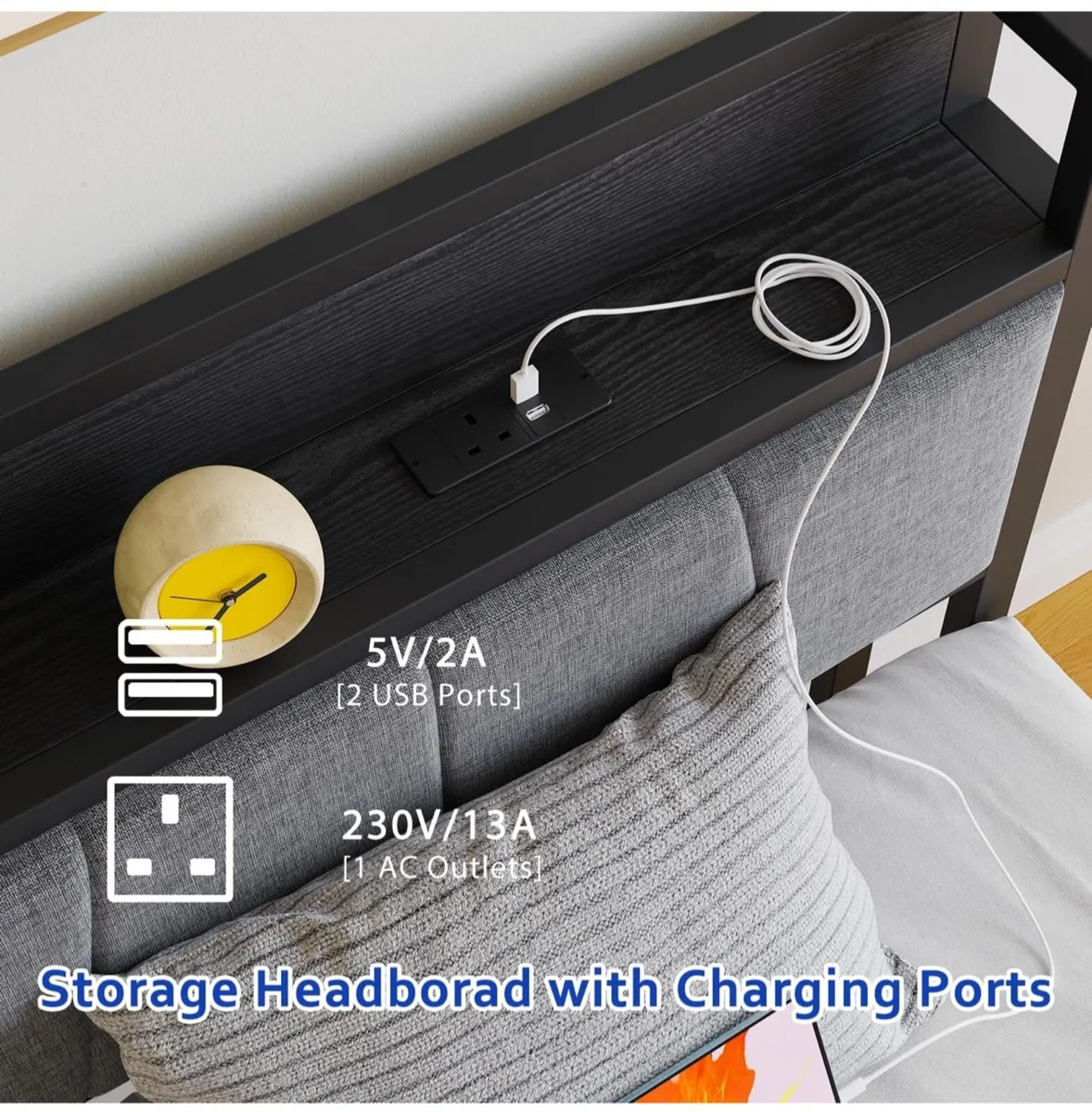 3ft Single Bed Frame with Storage Headboard,LED Li - Image 4