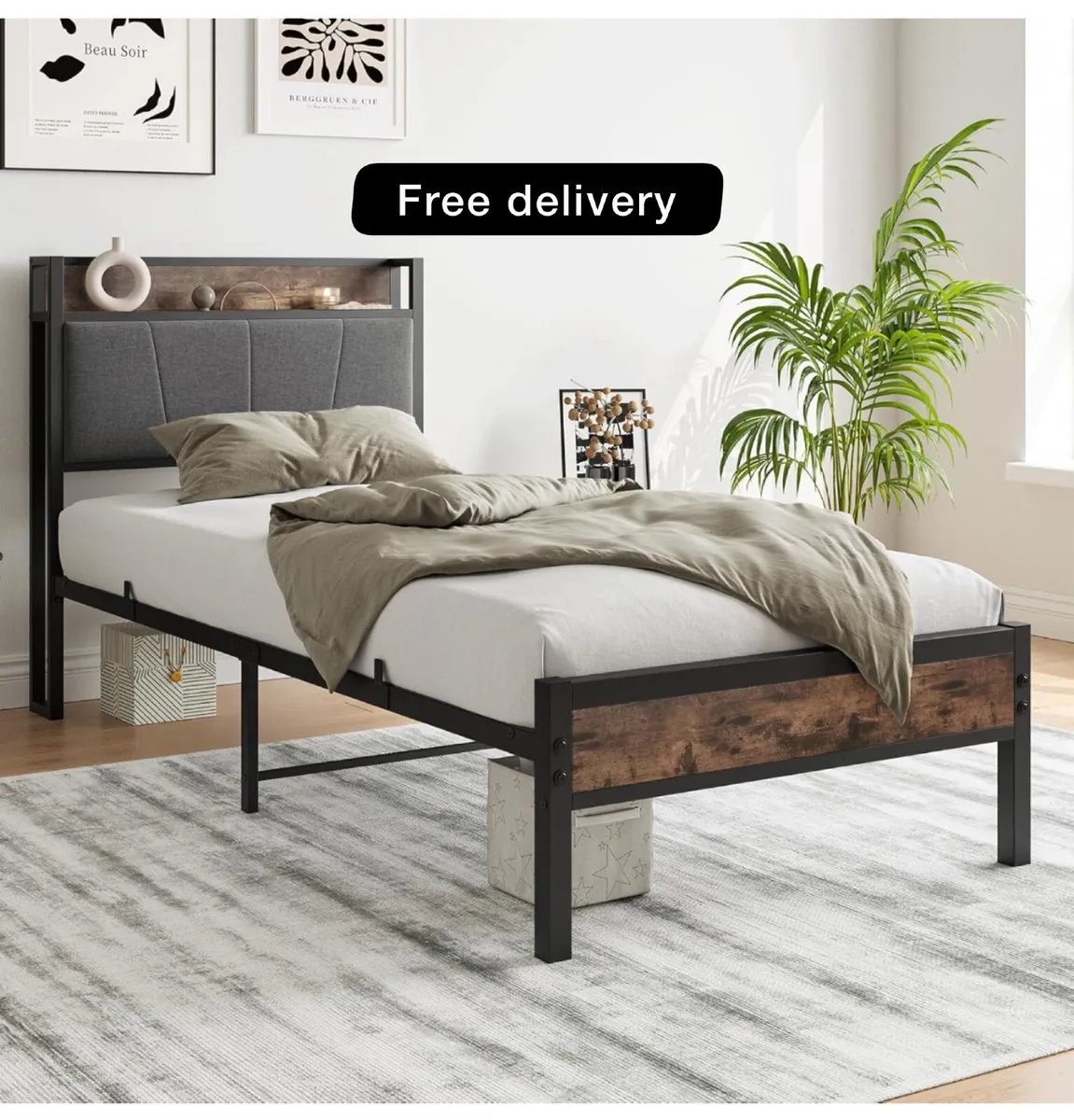 3ft Single Bed Frame with Storage Headboard - Image 1