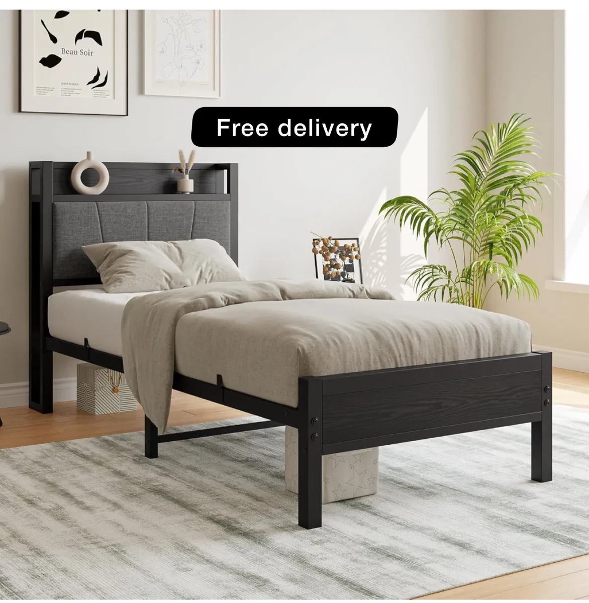 3ft Single Bed Frame with Storage Headboard - Image 1