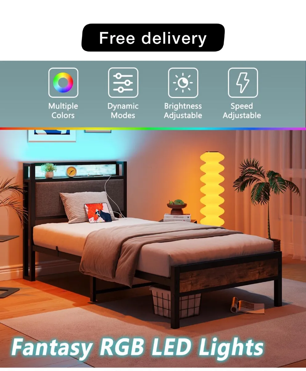 3ft Single Bed Frame with Storage Headboard,LED Li - Image 1