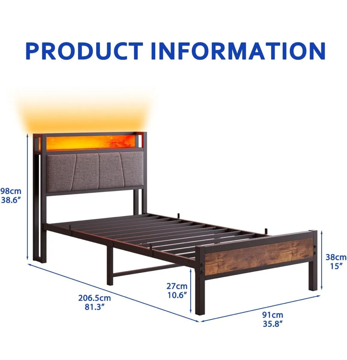 3ft Single Bed Frame with Storage Headboard,LED Li - Image 2
