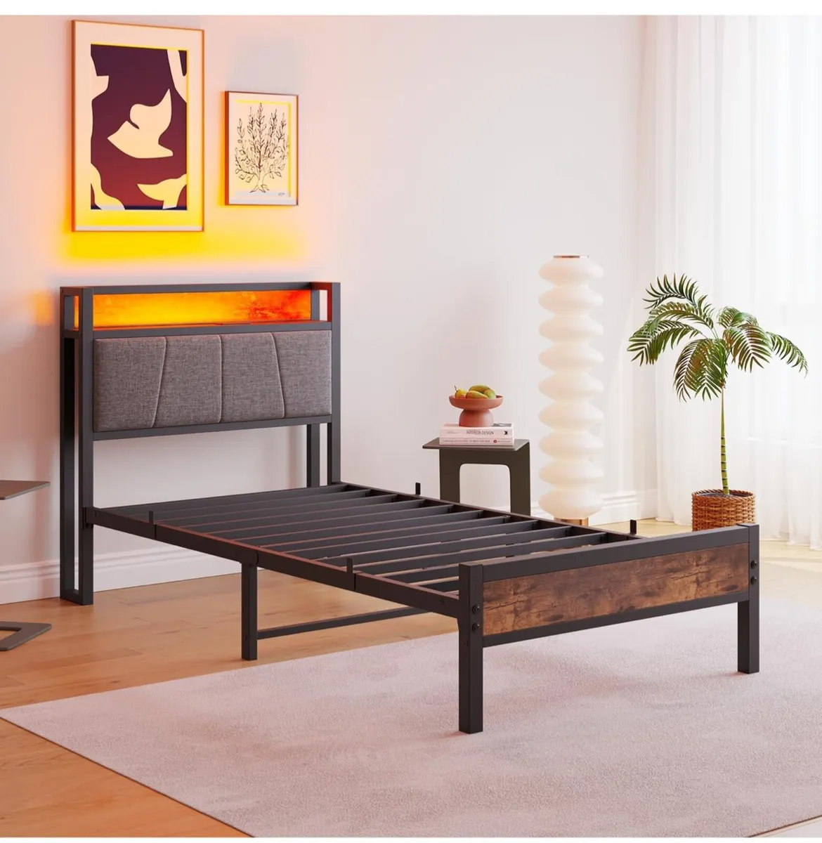 3ft Single Bed Frame with Storage Headboard,LED Li - Image 4