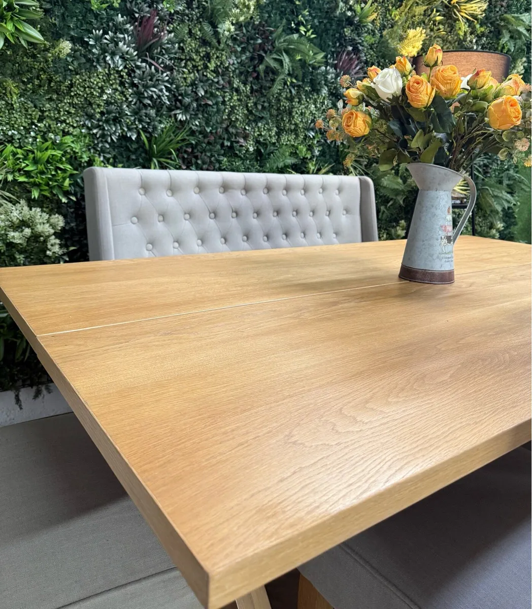 Oak kitchen table, sofa bench & 4 chairs - Image 4