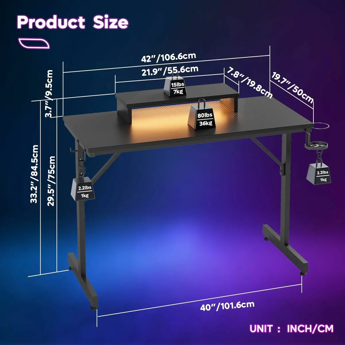 Small Gaming Desk 106.6 CM LED Computer Monitor St - Image 3