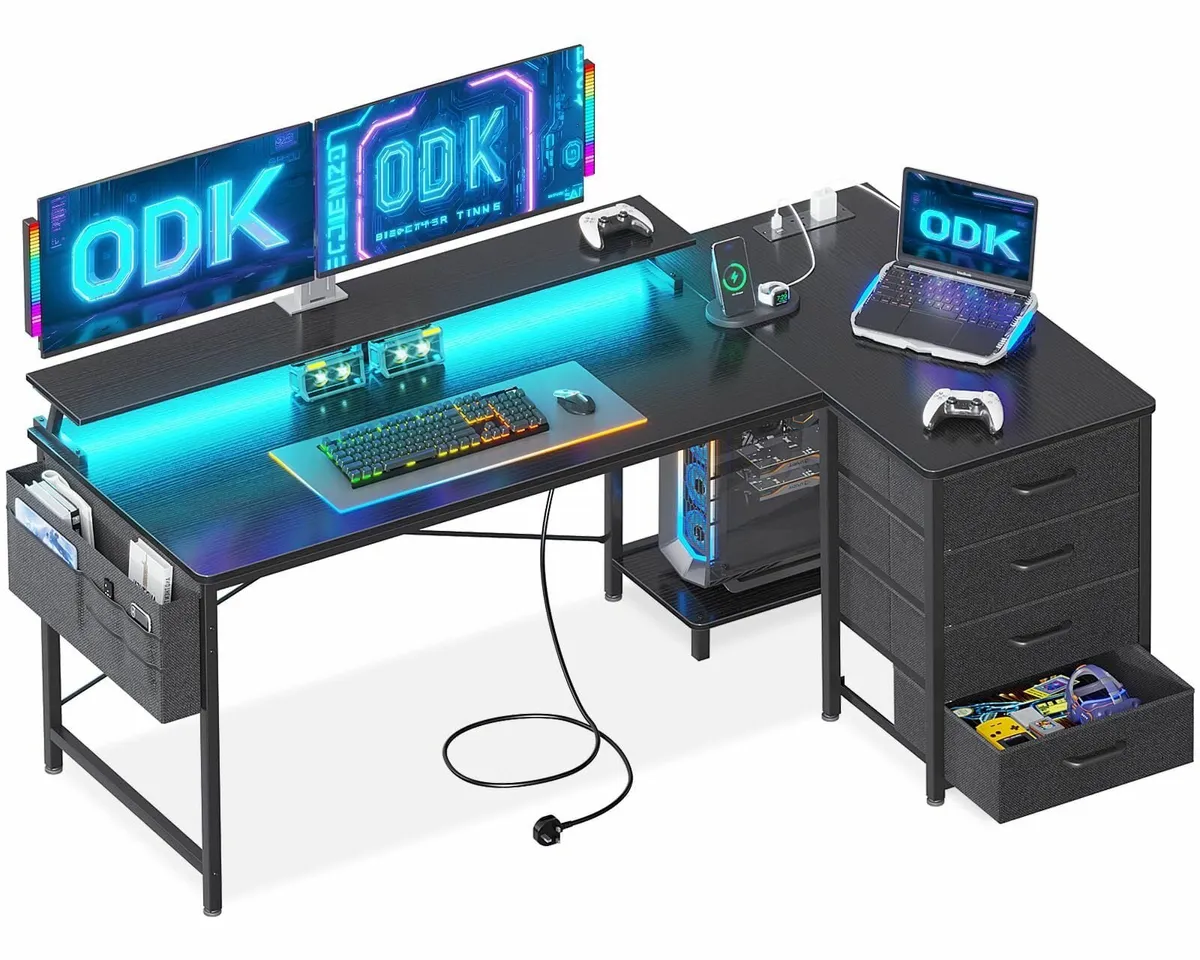 L Shaped Gaming Desk LED Lights & Power Outlets 14 - Image 1