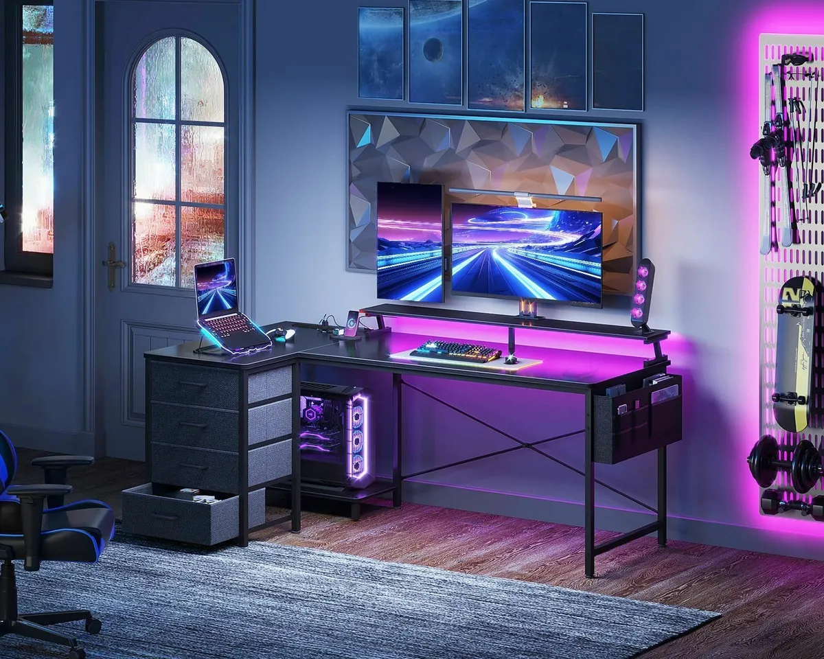 L Shaped Gaming Desk LED Lights & Power Outlets 14 - Image 2
