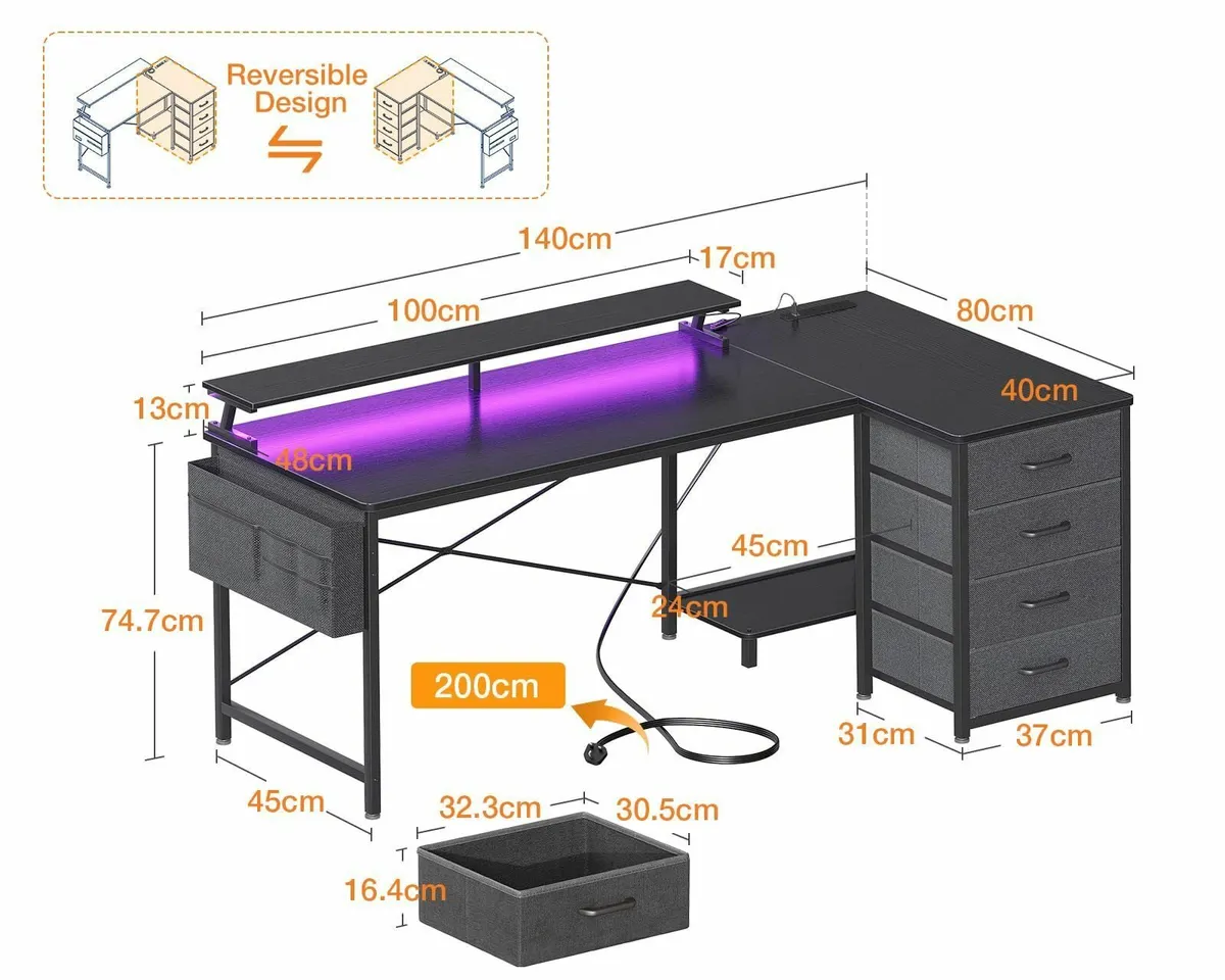 L Shaped Gaming Desk LED Lights & Power Outlets 14 - Image 3