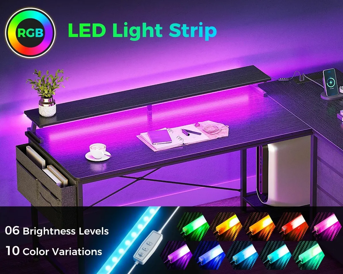 L Shaped Gaming Desk LED Lights & Power Outlets 14 - Image 4