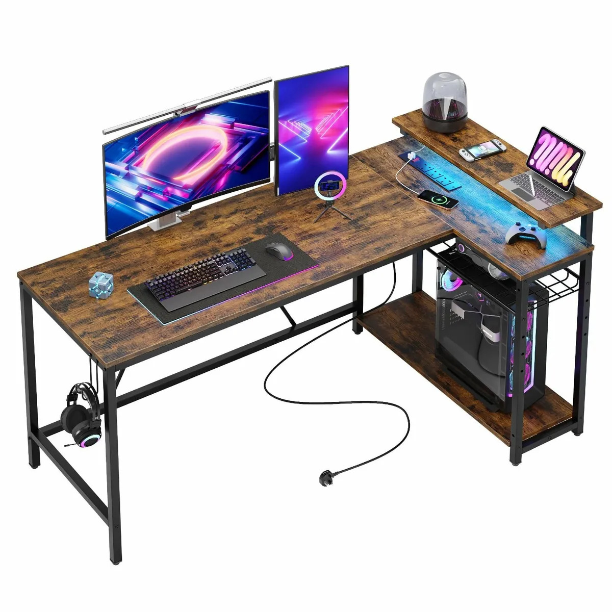 147CM L-Shaped Desk Power Outlets & LED Lights Rev - Image 1