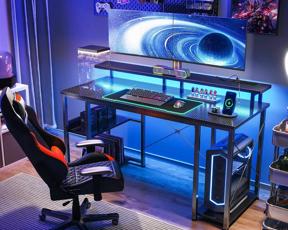 Gaming Desk LED Lights 120x50 cm Computer Power Ou - Image 2