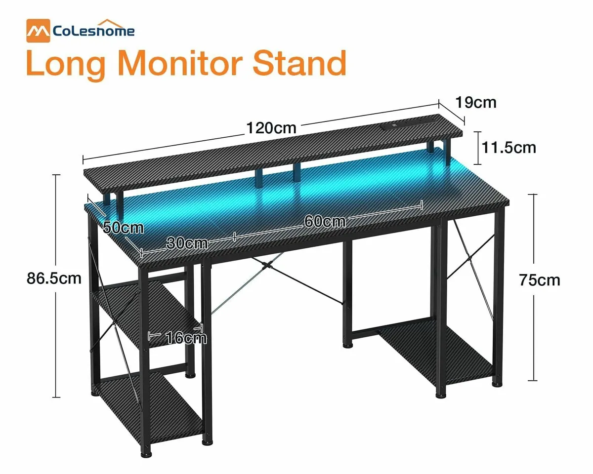 Gaming Desk LED Lights 120x50 cm Computer Power Ou - Image 3