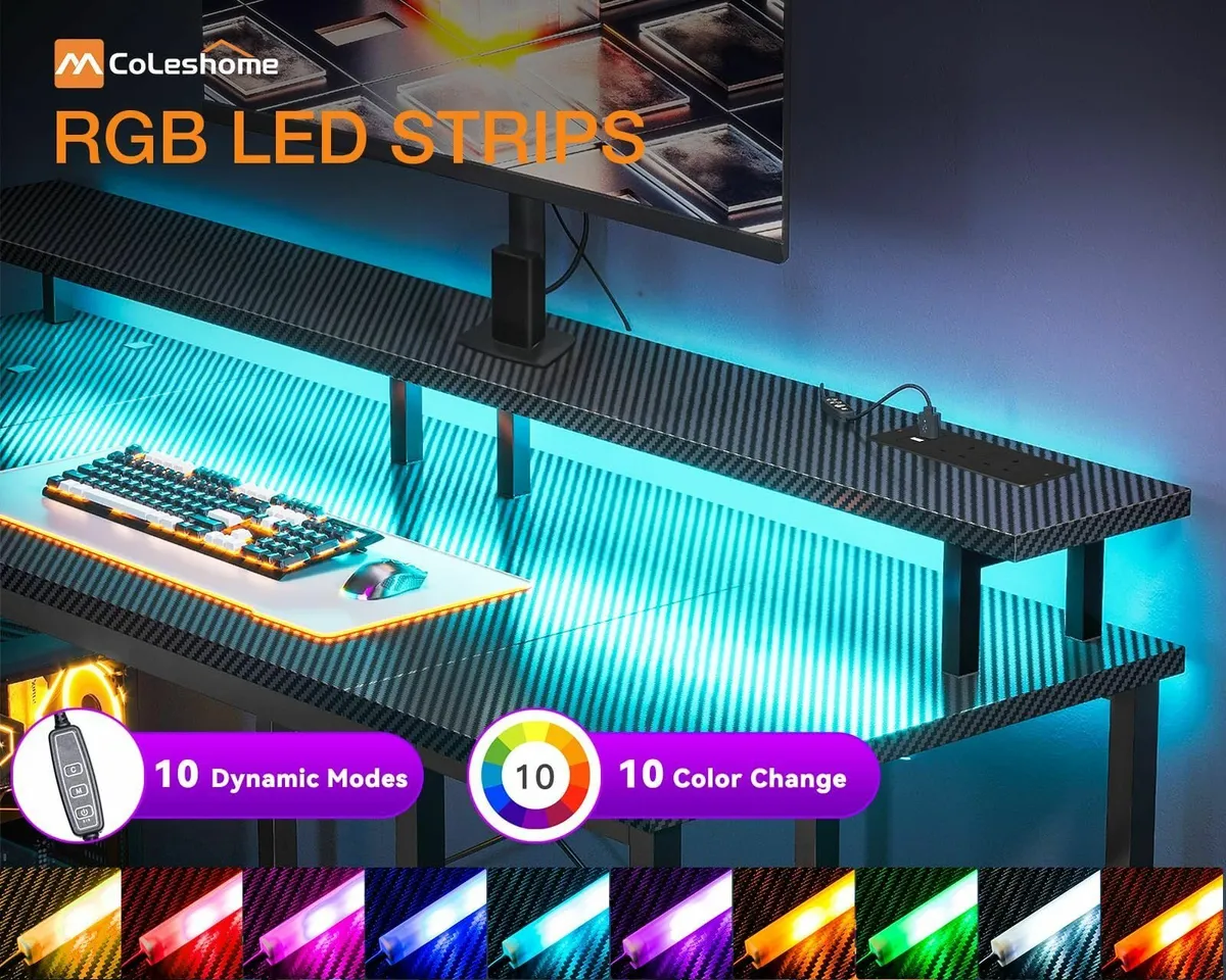 Gaming Desk LED Lights 120x50 cm Computer Power Ou - Image 4