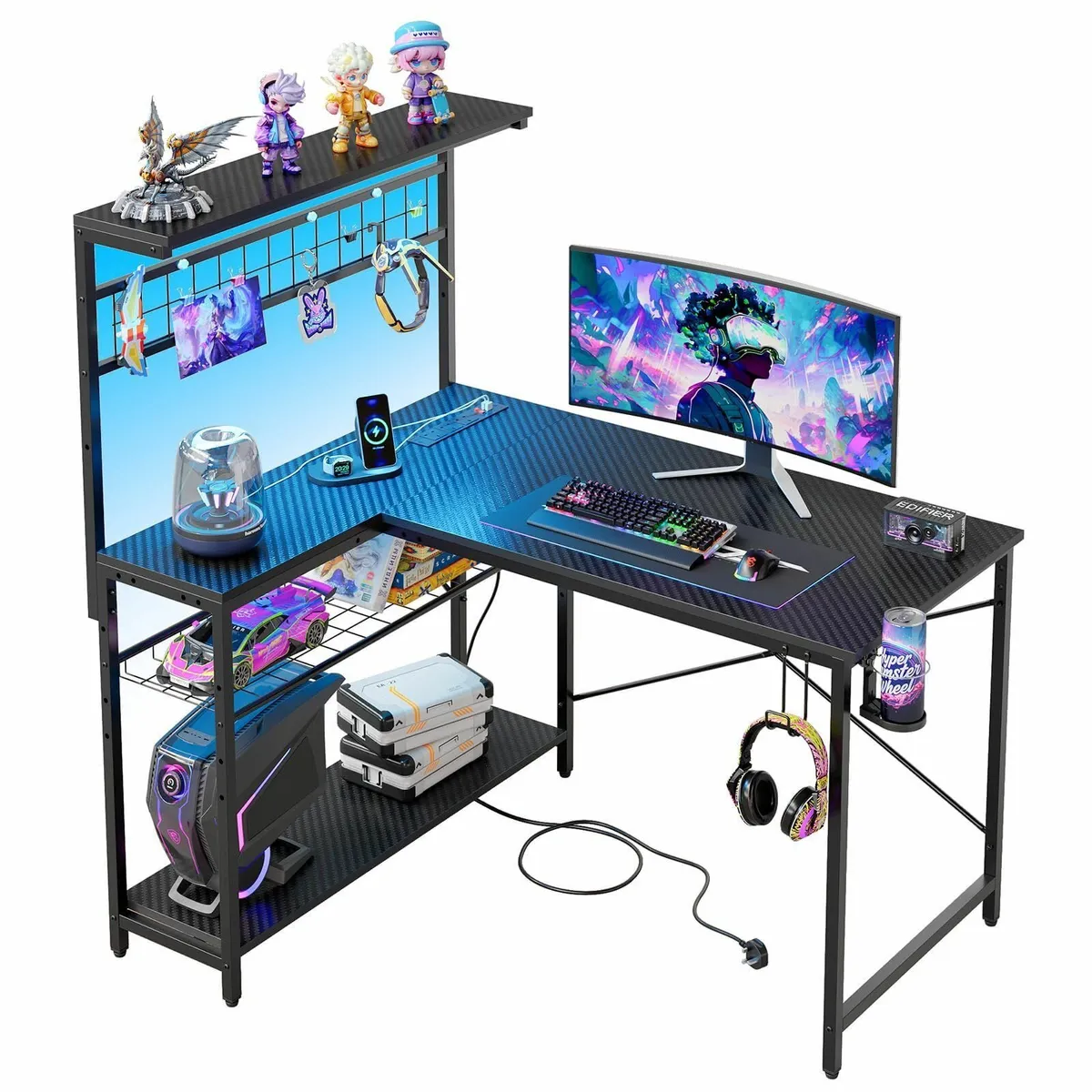 L-Shaped Gaming Desk Power Outlets LED Workstation - Image 1