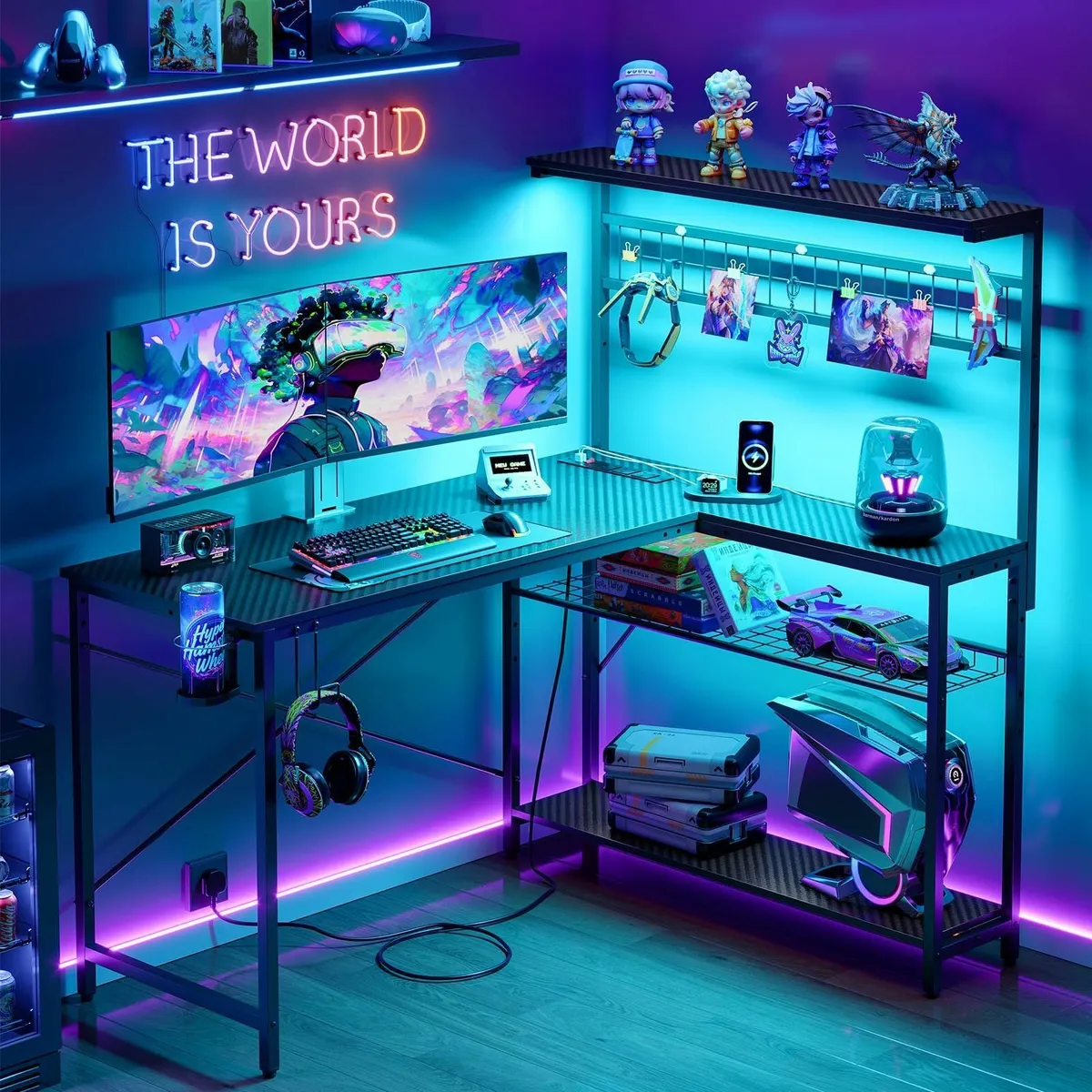L-Shaped Gaming Desk Power Outlets LED Workstation - Image 2
