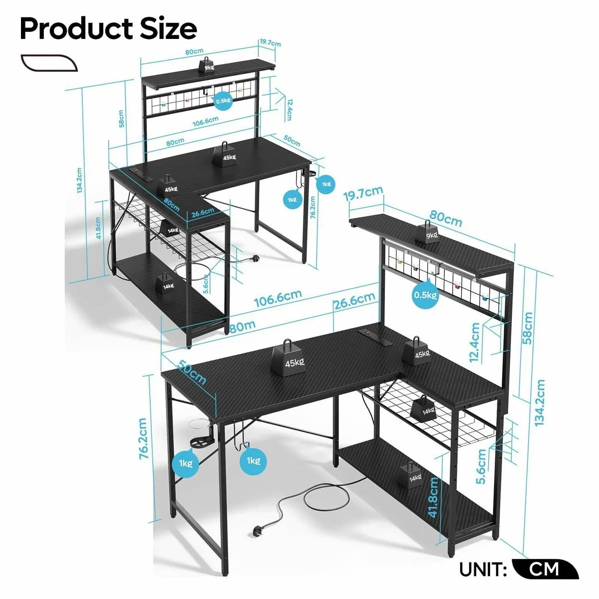 L-Shaped Gaming Desk Power Outlets LED Workstation - Image 3