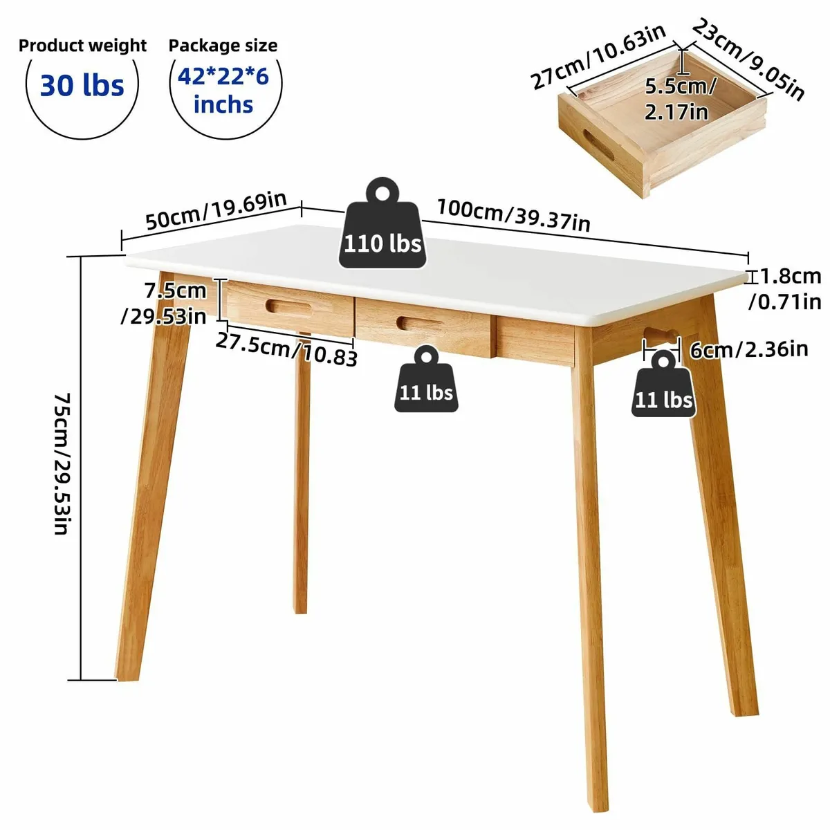 Small Computer Desk Table Wood Writing Drawer and - Image 3