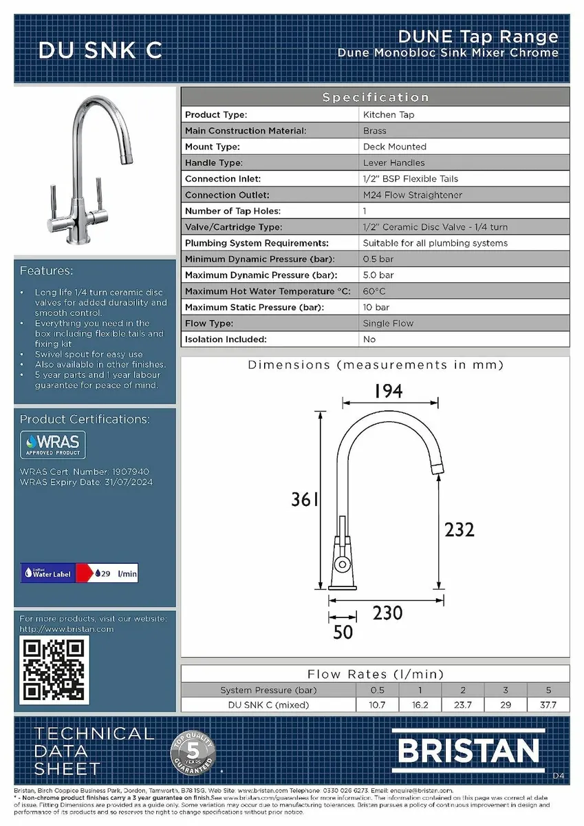 DU SNK C Dune Monobloc Sink Mixer Mono Kitchen Chr - Image 3