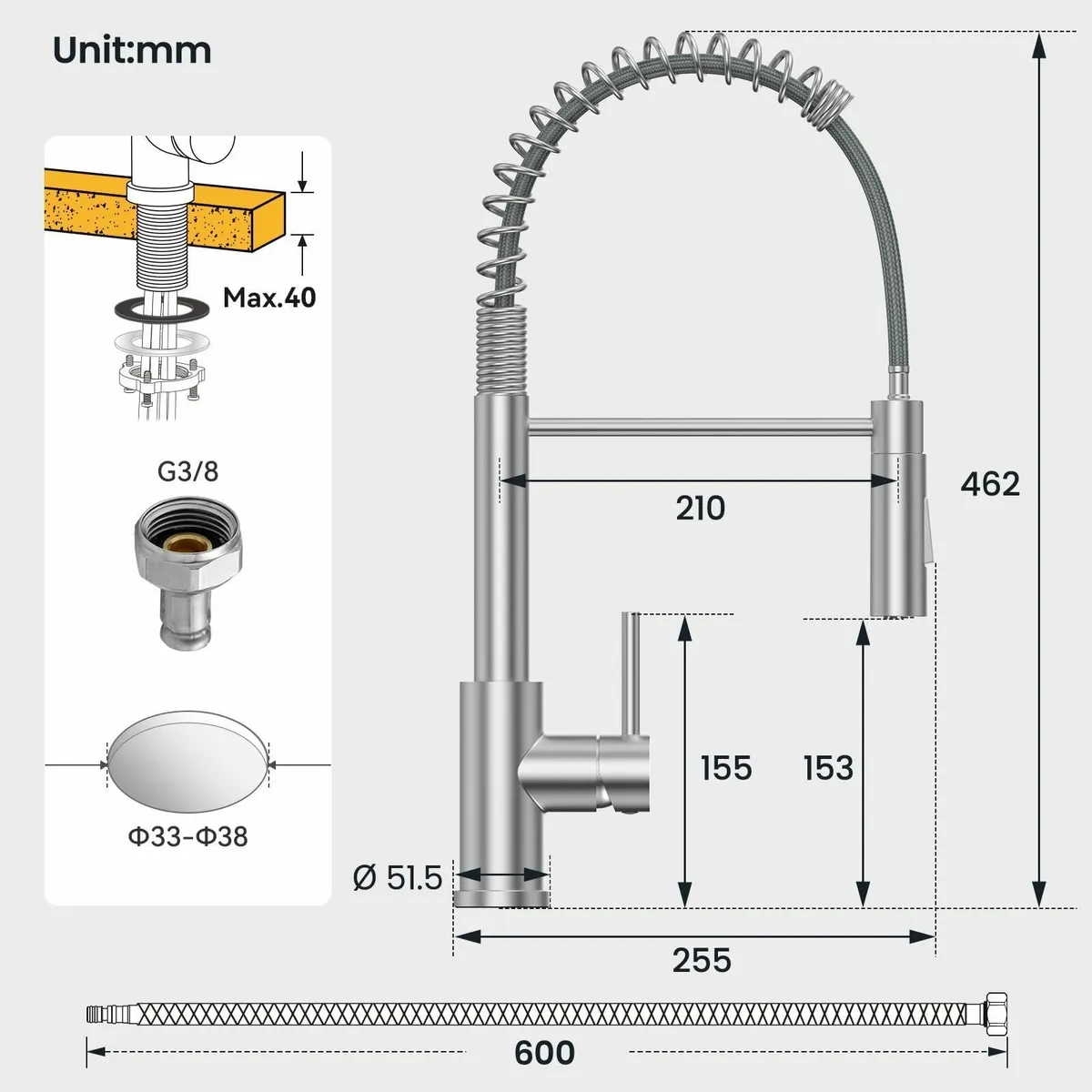 Kitchen Tap Pull-Out Sprayer Sink 2 Modes Spray 36 - Image 2
