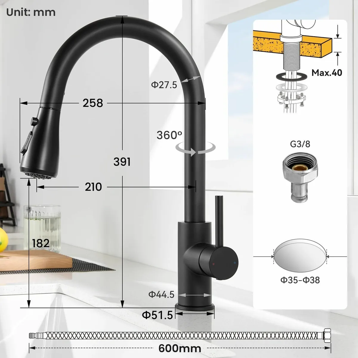 Black Kitchen Tap Mixer Taps Pull Out Sprayer Swiv - Image 2