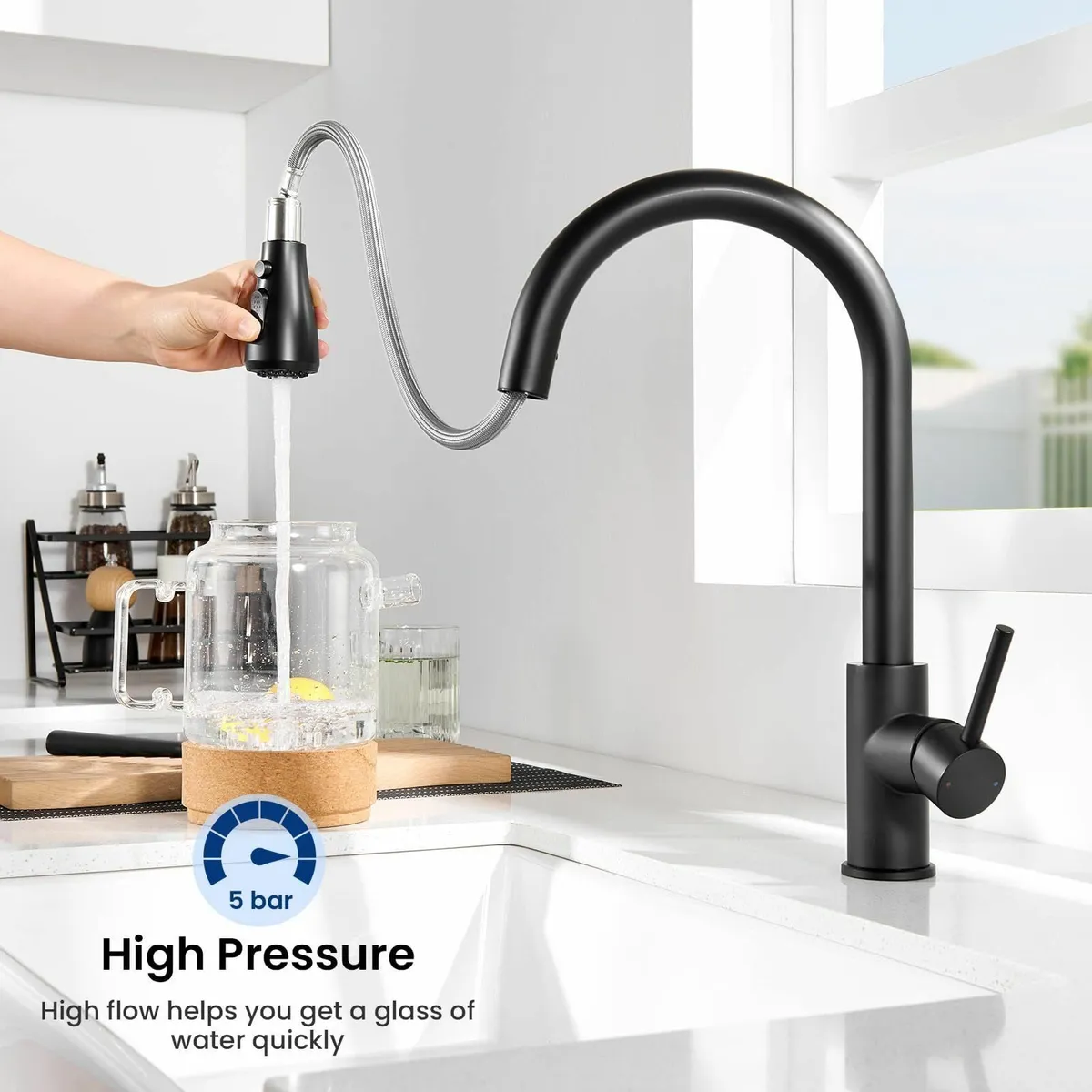 Black Kitchen Tap Mixer Taps Pull Out Sprayer Swiv - Image 4