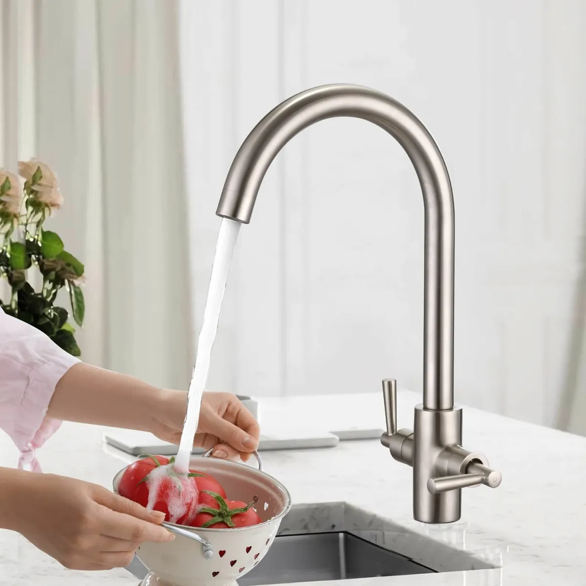Brushed Nickel Kitchen Tap Monobloc Dual Lever Mix - Image 2