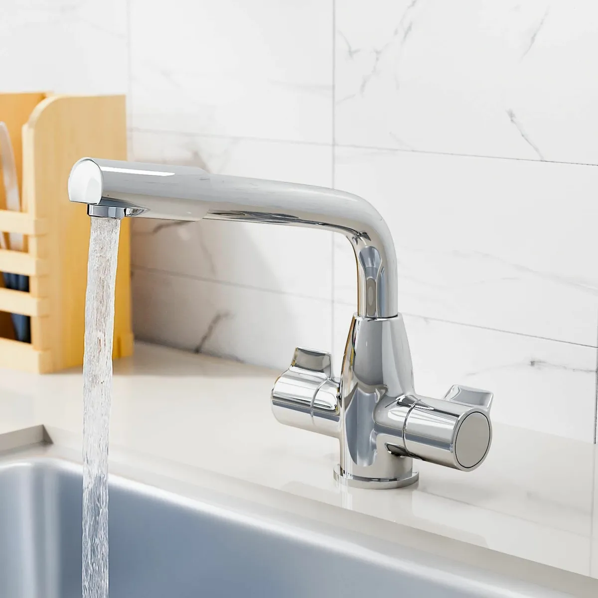 Kitchen Sink Mixer Tap Swivel Spout Twin Handles D - Image 1