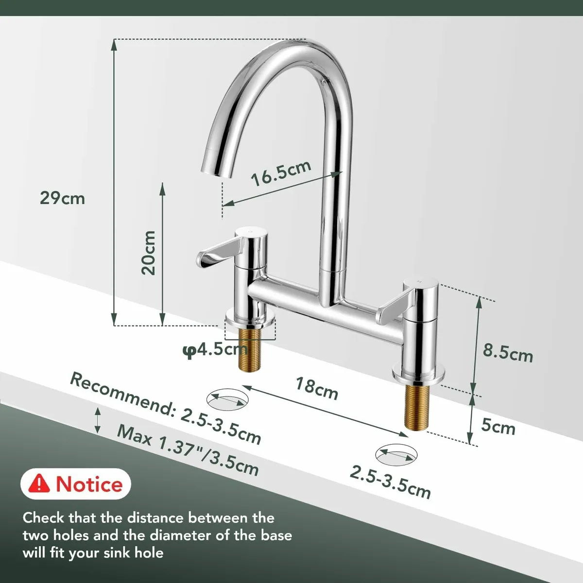 Kitchen Mixer Taps 2 Hole Bridge Tap Sink Chrome D - Image 2