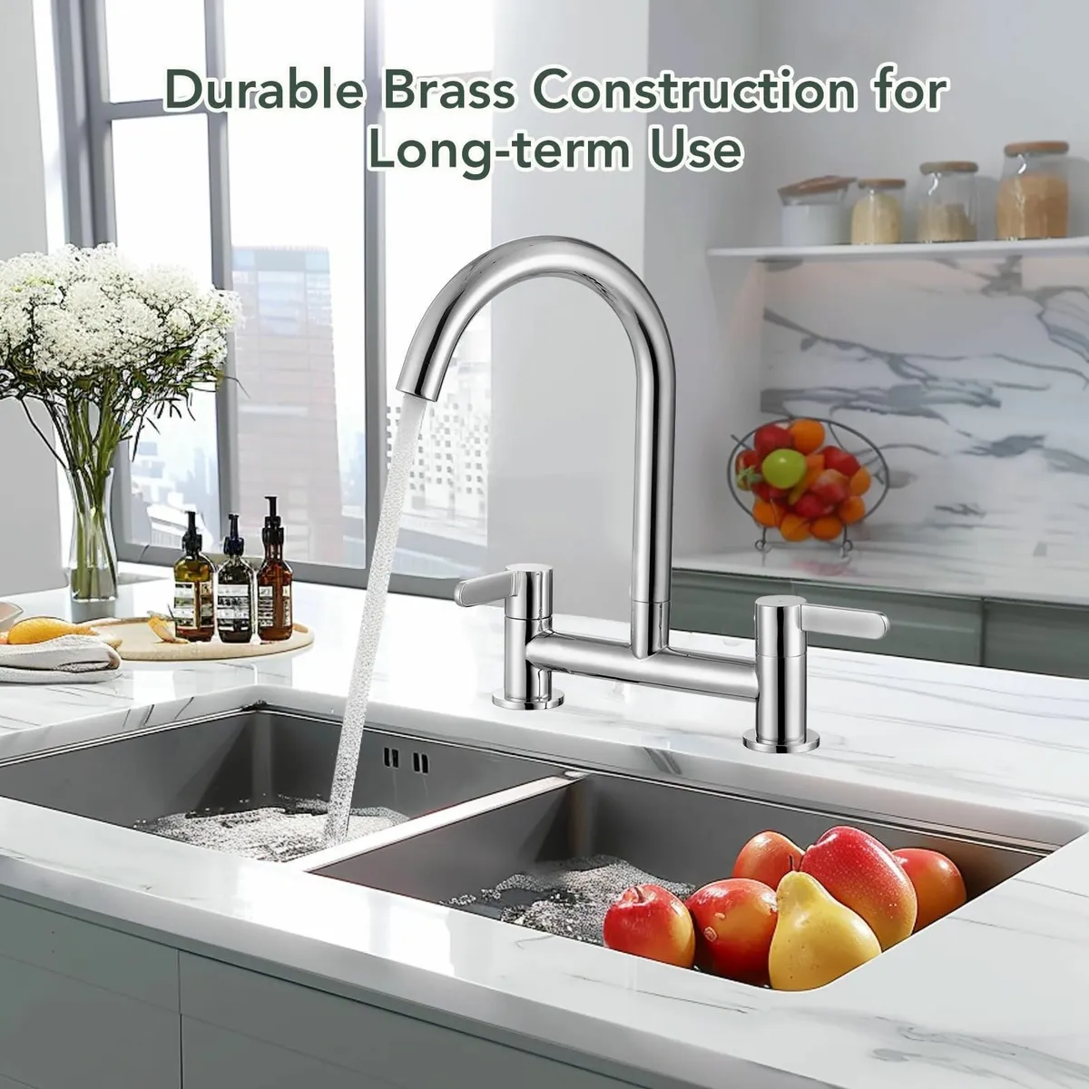 Kitchen Mixer Taps 2 Hole Bridge Tap Sink Chrome D - Image 3